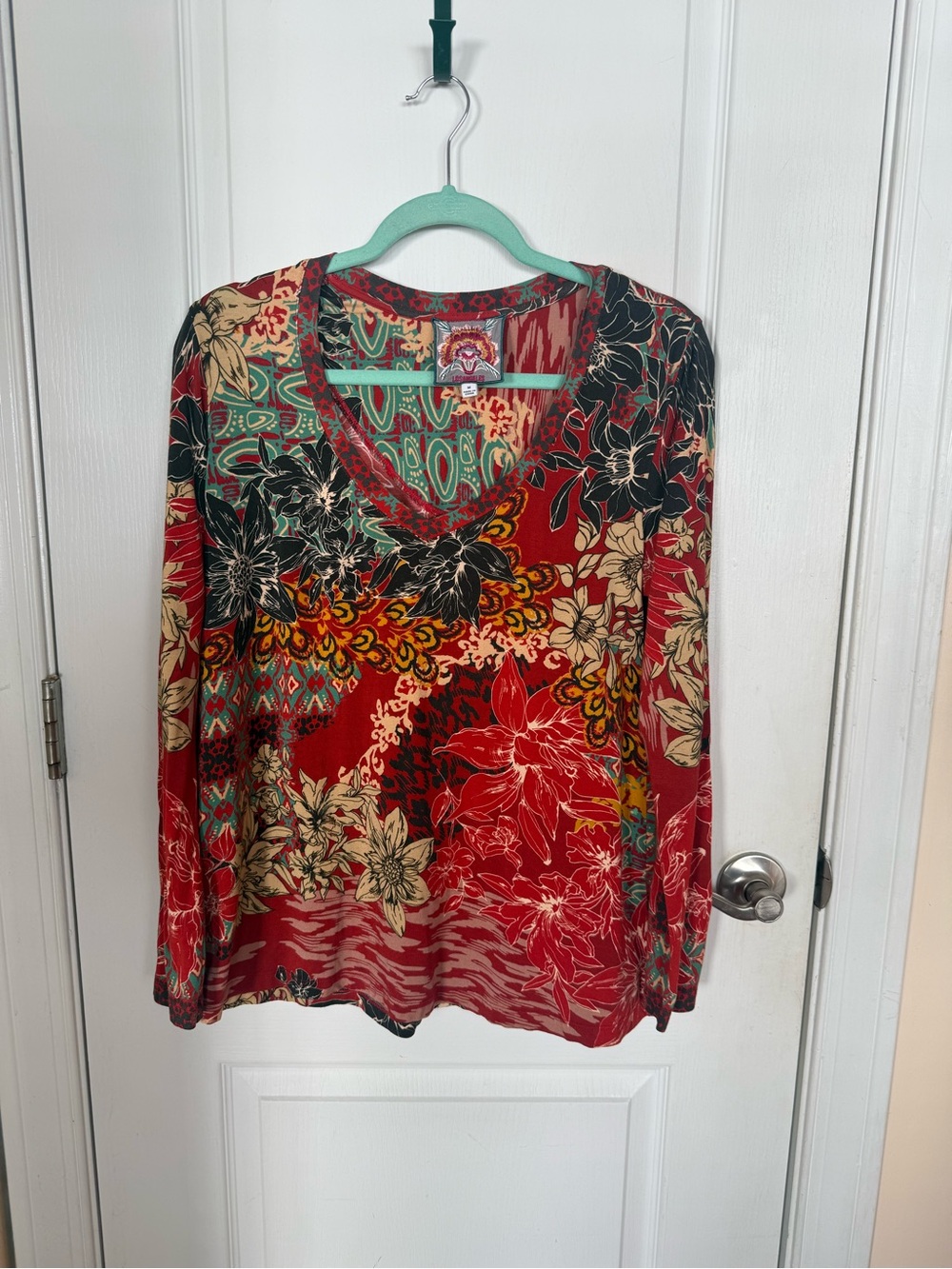 Johnny Was Red Floral V-Neck Long Sleeve Top